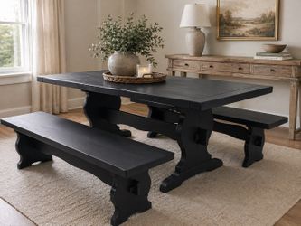 Vintage Handcrafted Knotty Pine Wood Trestle Dining Table & Two Benches, in Matte Black