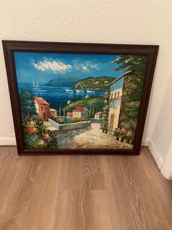 Framed Mediterranean Coastal Oil Painting