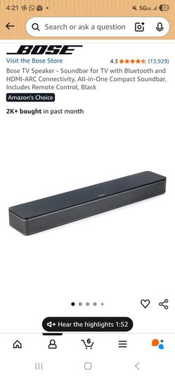 Bose TV Speaker - Soundbar for TV with Bluetooth and HDMI-ARC Connectivity, All-in-One Compact Soundbar, Includes Remote Control, Black

COMES AS SHOW