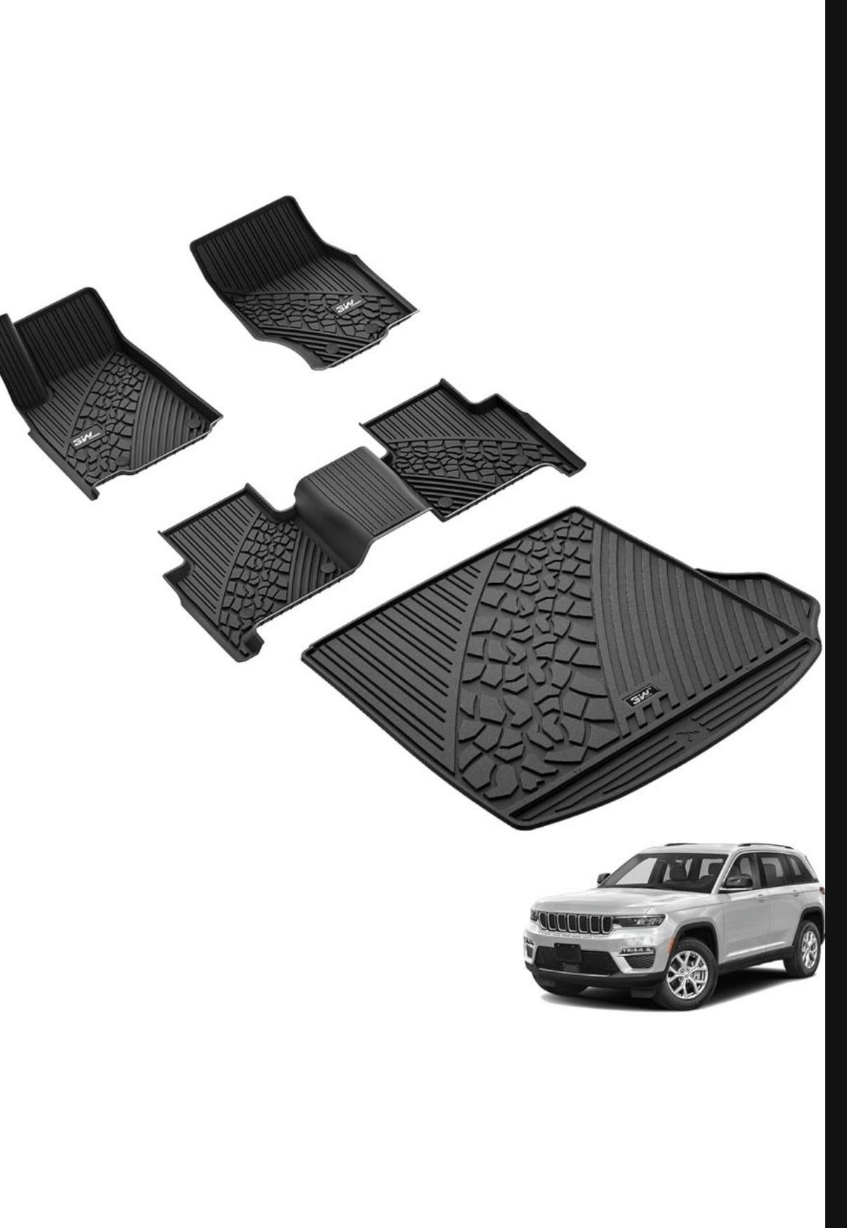 3W Floor Mats & Cargo Liner Fit for 2025 2024-2022 Jeep Grand Cherokee (Non L or WK) TPE All Weather Custom Fit Floor Liner for 1st 2nd Rows and Trunk