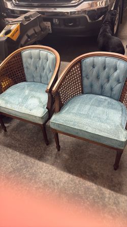 vintage cane-back upholstered accent/barrel chairs