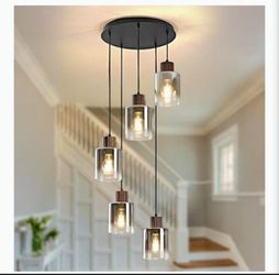 Pendant Light Fixture, Black Small Chandelier Light with Gray Gradient Glass Shade, E26 Base 5-Light Kitchen Island Hanging Pendant Lighting
