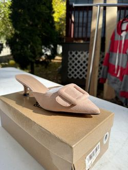 Tan suede kitten heel mules size 8