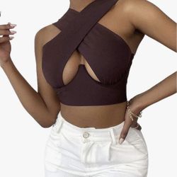 SheIn Women's Crisscross Cut Out Halter Wrap Crop Top Solid Cami Tank Tops L New No Tags