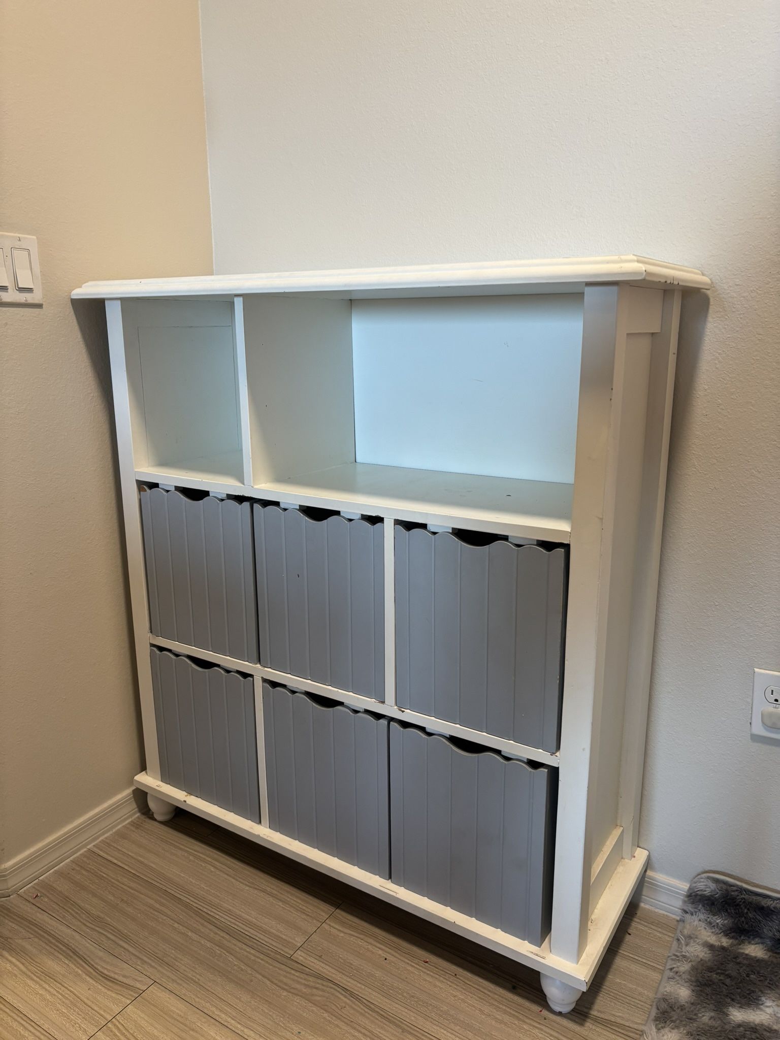 Modern White Storage Cabinet w/ 6 Gray Bins