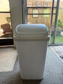 White Plastic Trash Can with Swing Lid