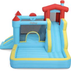 Brand new in unopened box Inflatable Bounce House with Slide & Blower – Kids Outdoor Fun (blue/pink)