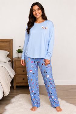 Women’s Light Blue 'Game Night' Graphic Long Sleeve Tee & pants PJ set size M