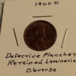 1960 D,error S,Defective Planchet_ Retained Lamination Obverce