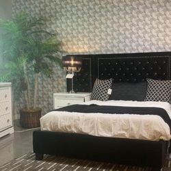 BLACK VELVET bed W/ NIGHTSTAND PANELS