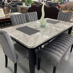 ✅️✅️ 5 pc Pascal black wood finish faux marble top dining table set grey fabric (Bench not included)✅️