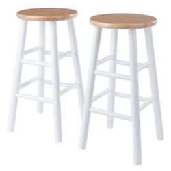 Set of 2 Wooden Counter Stools, 24", Natural & White