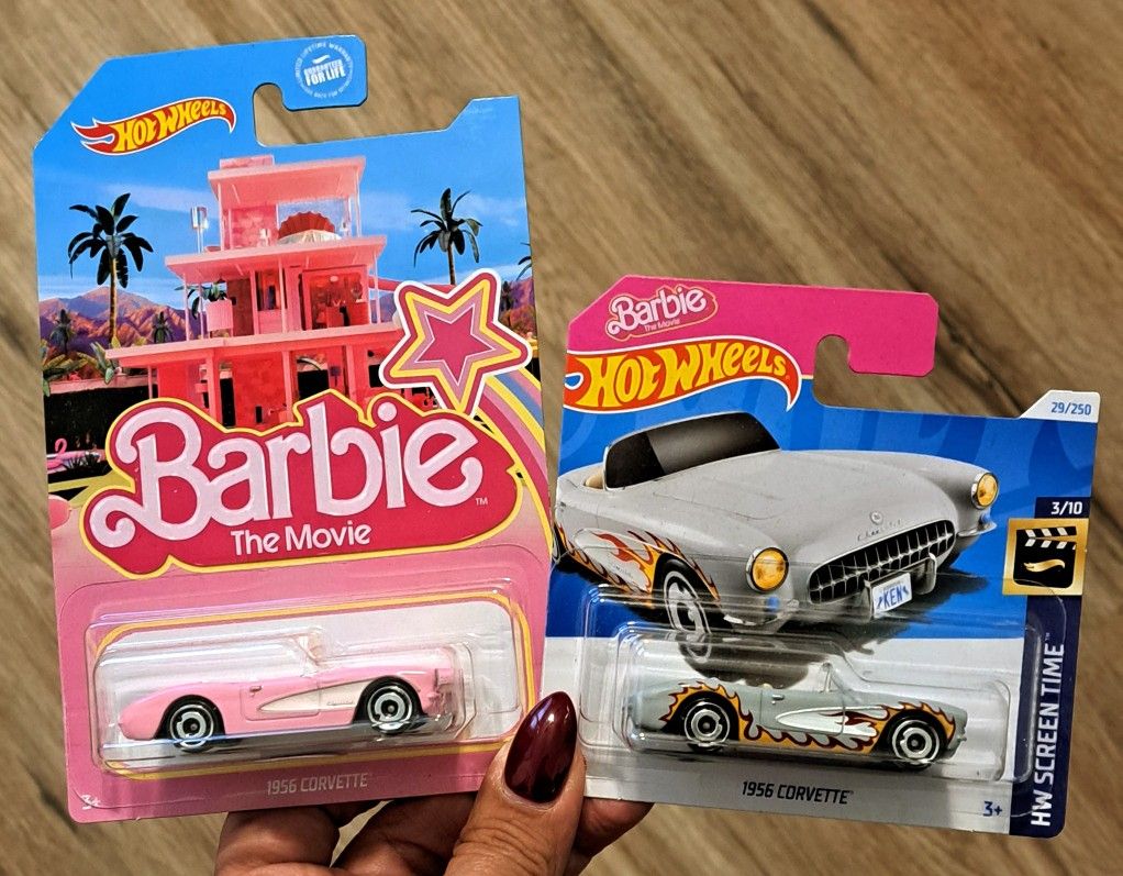 Hot Wheels - "Barbie" Movie: (Pink) 1956 Corvette *Rare Card* (Silver) 1956 Corvette *International ShortCard* HTF