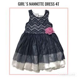 Girl's Formal Dress Navy Blue Lace Top With Tulle Bottom Features a Pink Rose