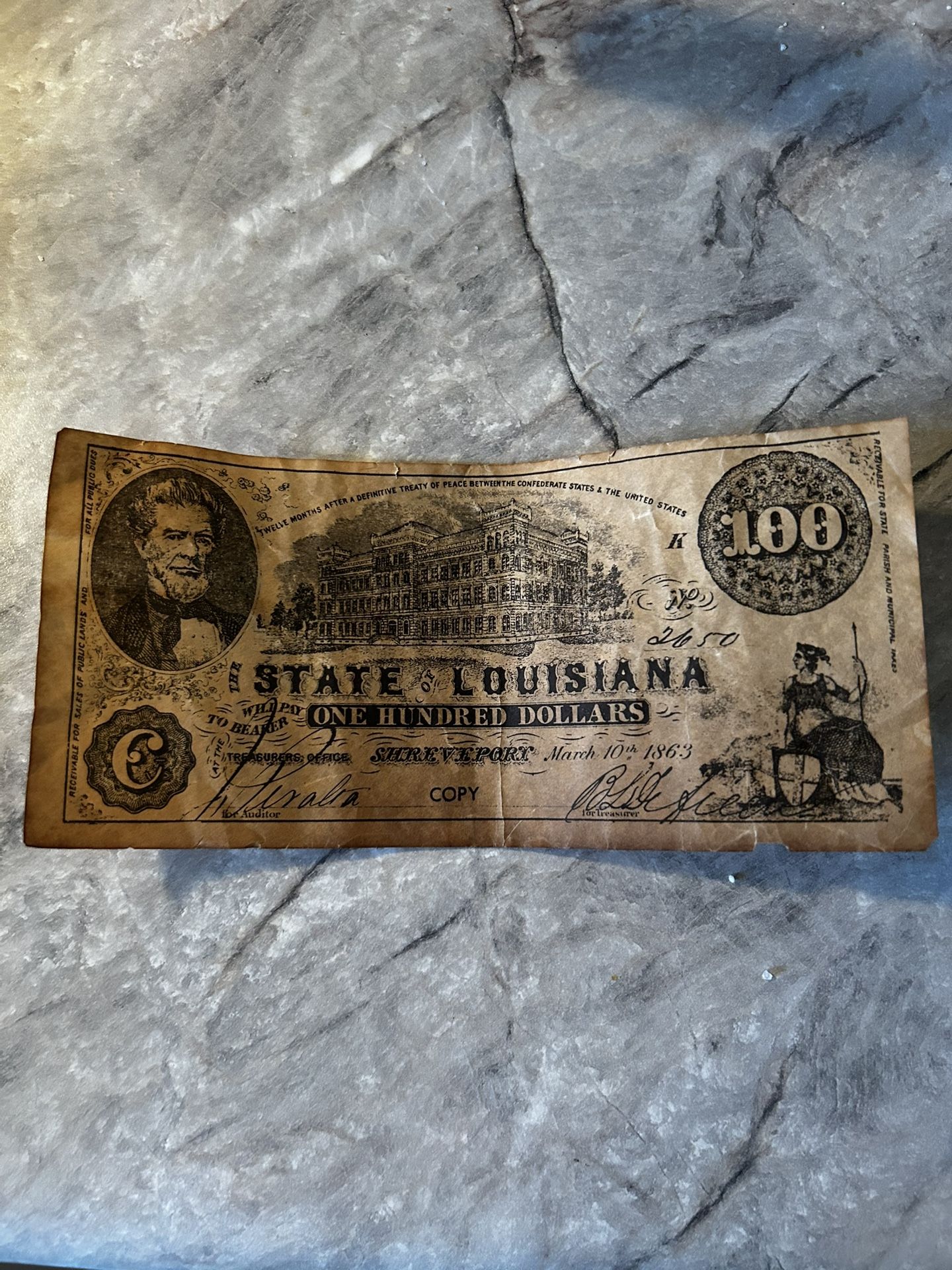 1863 $100 State Of Louisiana Treasury Note