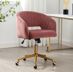 NEW Pink Velvet Desk Chair with Wheels, Home Office Swivel Armchair with Gold Base, Back Incline Adjustable for Vanity Make-up