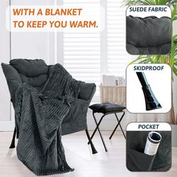 Lazy Chair and Folding Footrest Stool Set, Accent Chair for Living Room with Portable Ottoman, Sofa Chair Steel Frame Leisure Bedroom Chair and Anti-S