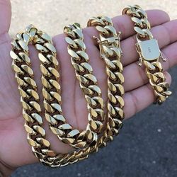 14MM Cuban Link Set 14k Gold Plated Doesn't Loses Color 