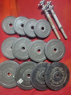 1" HOLE  72LBs WITH DUMBBELL HANDLES.  4-10s  4-5s 4-3s
11525 S HALSTED /7111.S WESTERN 
60$ CASH ONLY AS IS