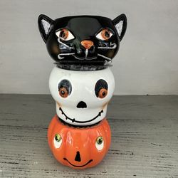 Halloween Tea light Holders Vintage Hallmark Cat Pumpkin Ghost Stackable w/ candles Unused