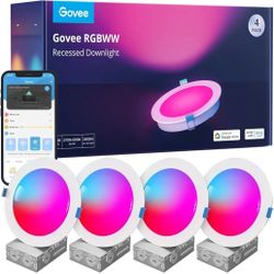4 Pack Govee Smart Recessed Lighting 6 Inch, Wi-Fi Bluetooth Direct Connect RGBWW LED Downlight Retails $165