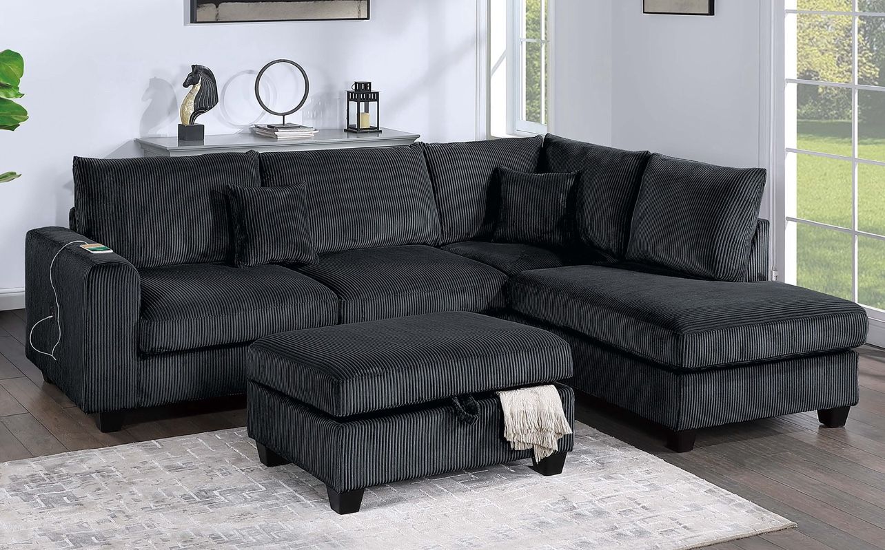 3-Piece Sectional Set RAF Chaise + LAF Sofa W/ USB Port + Storage Ottoman