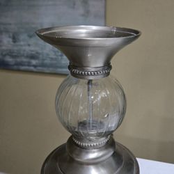 HEAVYWEIGHT METAL & ETCHED GLASS PILLAR CANDLE HOLDER