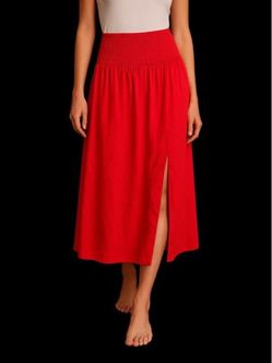 Red Smocked Waist Midi Skirt with Slit