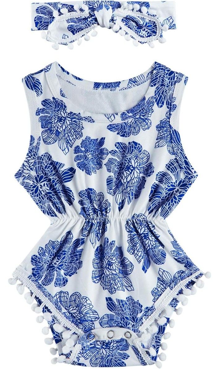 Blue & White Floral Baby Romper with Matching Headband (3β6 Months) β Worn Once