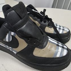 Custom-painted Nike Air Force 1 sneakers featuring a Burberry-