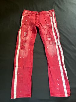 red distressed biker jeans - white side stripes
