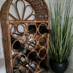 MCM Mid Century Bamboo and Wicker Wine Rack 12 Bottles with Shelf and Floral Patter, 1970s