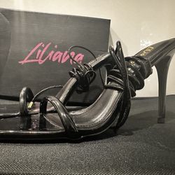 LILIANA BLACK AND GOLDEN LACE-UP HIGH HEEL SANDALS SIZE: 10 WOMENS