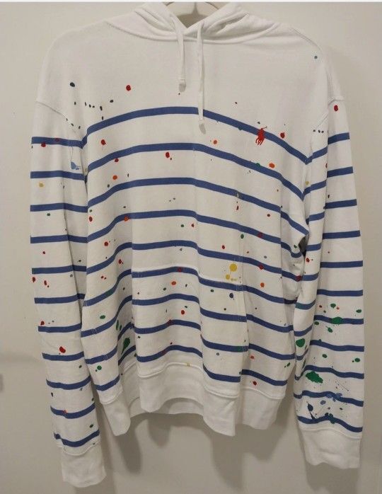 RED PONY Polo Ralph Lauren Men Meduim White Blue Stripe Paint Splatter