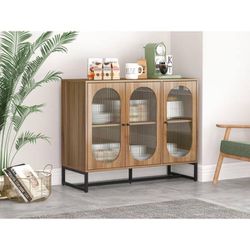 40.67 in. W x 15.75 in. D x 33 in. H Natural Beige Linen Cabinet with Glass Doors and Adjustable Shelf