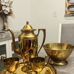 Vintage bronze coffee pot creamer and sugar bowl and plate