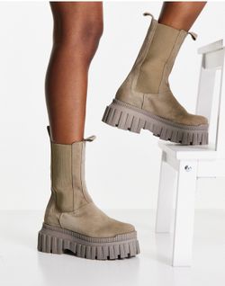 ASOS Women's Grey Addison Premium Suede Chunky Chelsea Boots