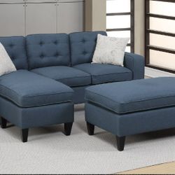 Brand New Blue Reversible Sectional Sofa With Ottoman 
