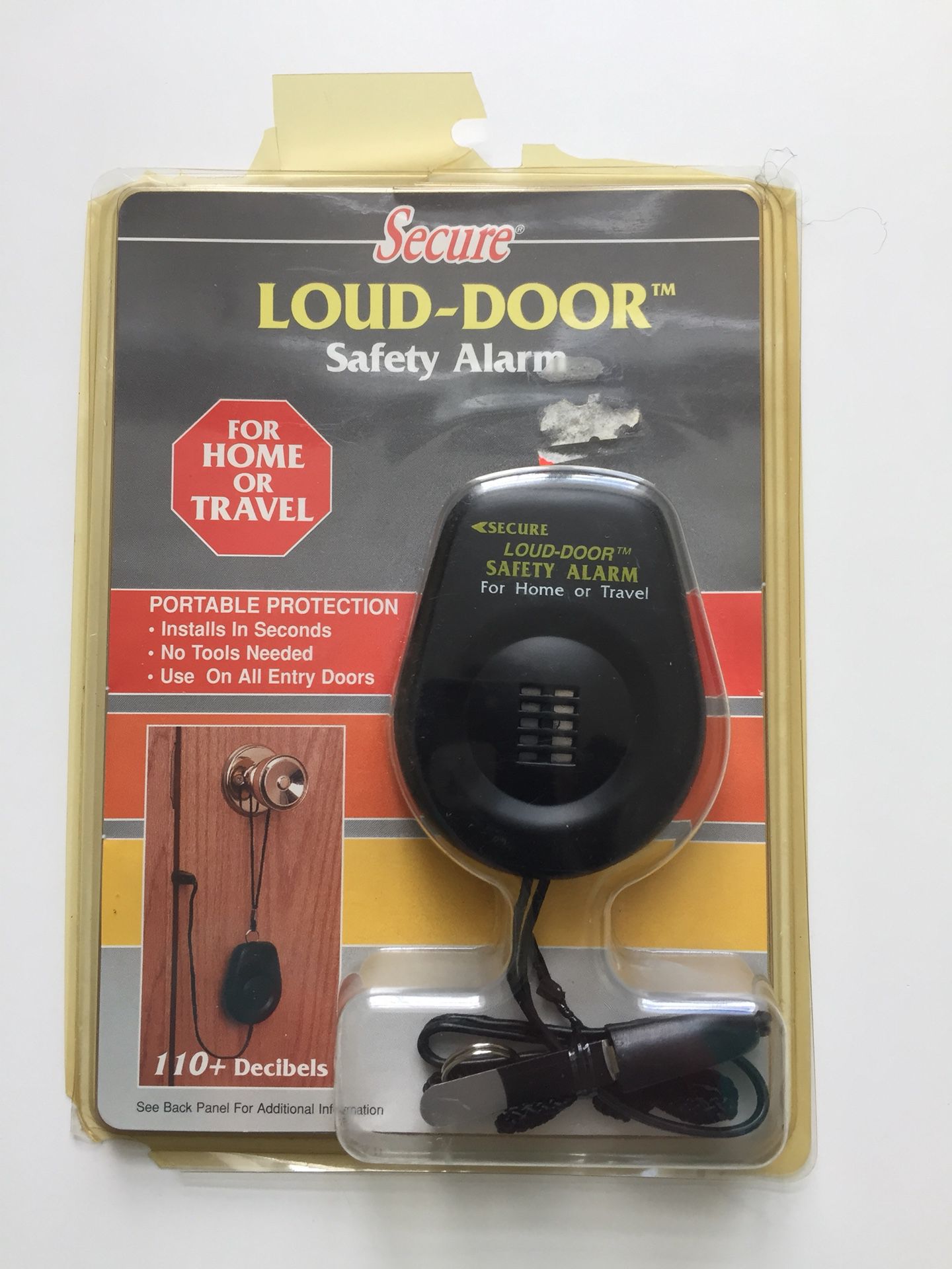 Secure Loud-Door Safety Alarm. For home or travel. Portable protection. 110+ Decibels loud. Brand new. Still sealed in original packaging. * Install