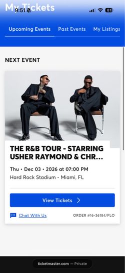 2 Usher & Chris Brown R&B Tour Tickets – Miami – Sec 248 Row 18