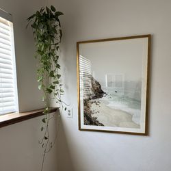 Large framed beach print, antique gold look frame, boho coastal minimalist wall art decor