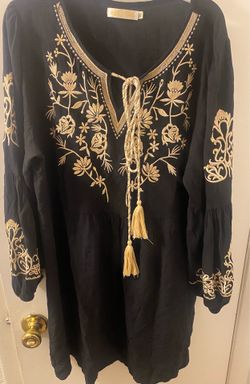 Black Embroidered Boho Tunic with Gold Tassels
