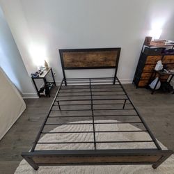 Queen Bed frame, Grey Metal, Industrial Wood Panels