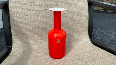 🦋  mid-century  Danish  HOLMEGAARD  glass 10 inches red/orange white case art glass vintage