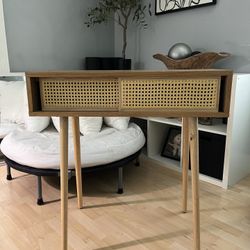 Natural Rattan Console Table Narrow Desk w/ Sliding Doors