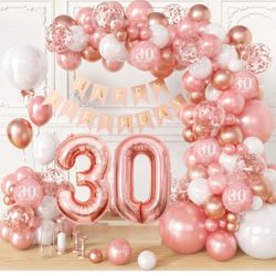 Rose Gold 30th Birthday Decorations for Her, (Total 100pcs) 30th Birthday Balloons 18/12/10/5 Inches for Garland Arch, Happy Birthday Banner, 30th Bir