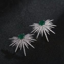 Luxury Spark Shape 18K White Gold Plated Green Cubic Zirconia Statement Earrings