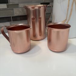 Vintage MidCentury Color Craft Rose Coppertone Colored Aluminum Beverage Pitcher,  Creamer & Sugar Set