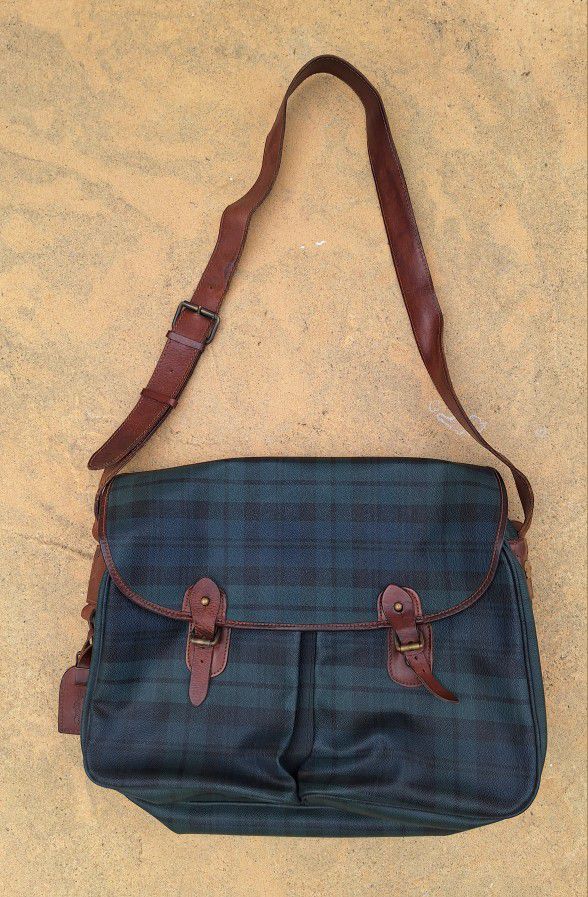 POLO Ralph Lauren Rare Vintage Plaid Leather Canvas Messenger Crossbody Bag
