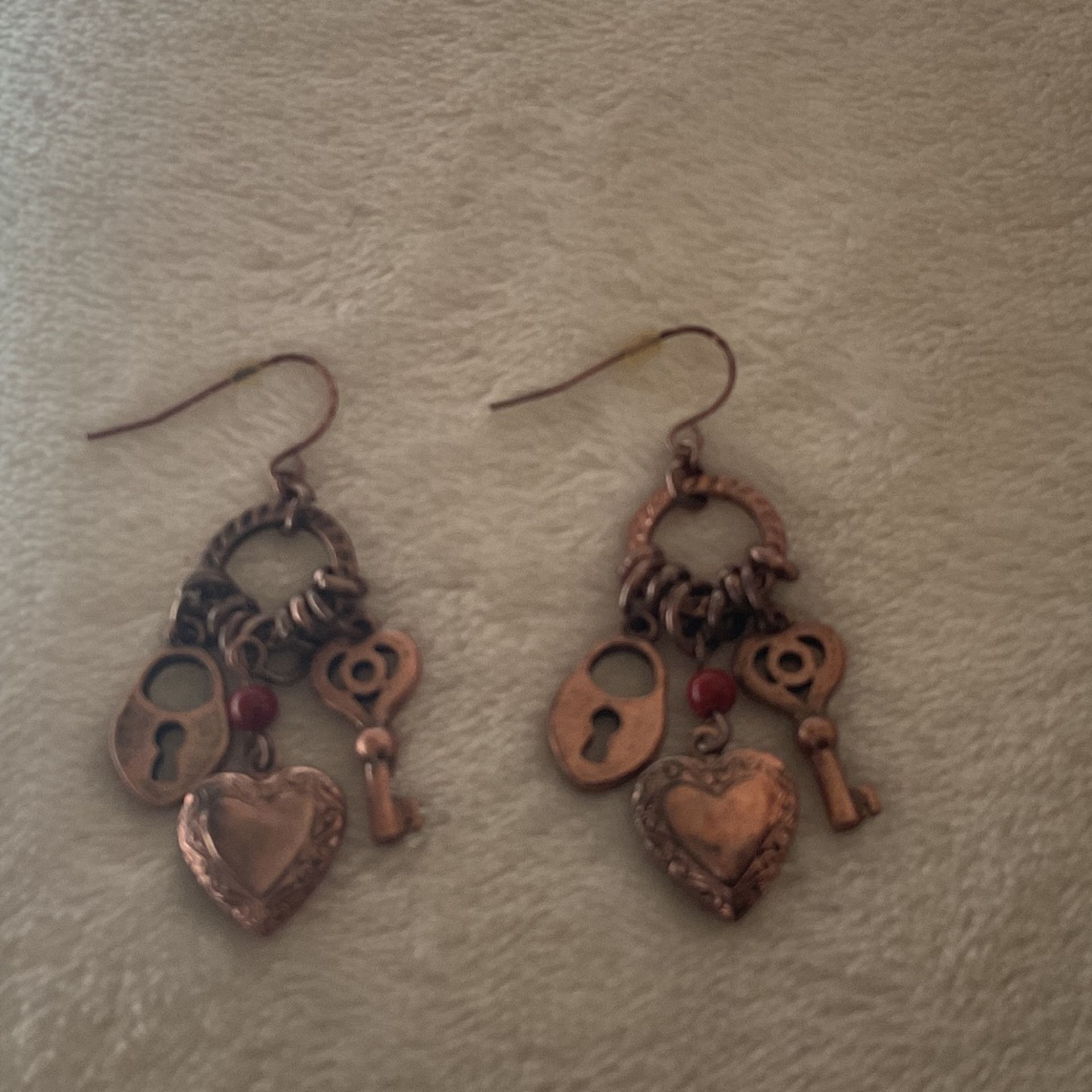 Bronze Lock,key,& Heart Locket Earrings